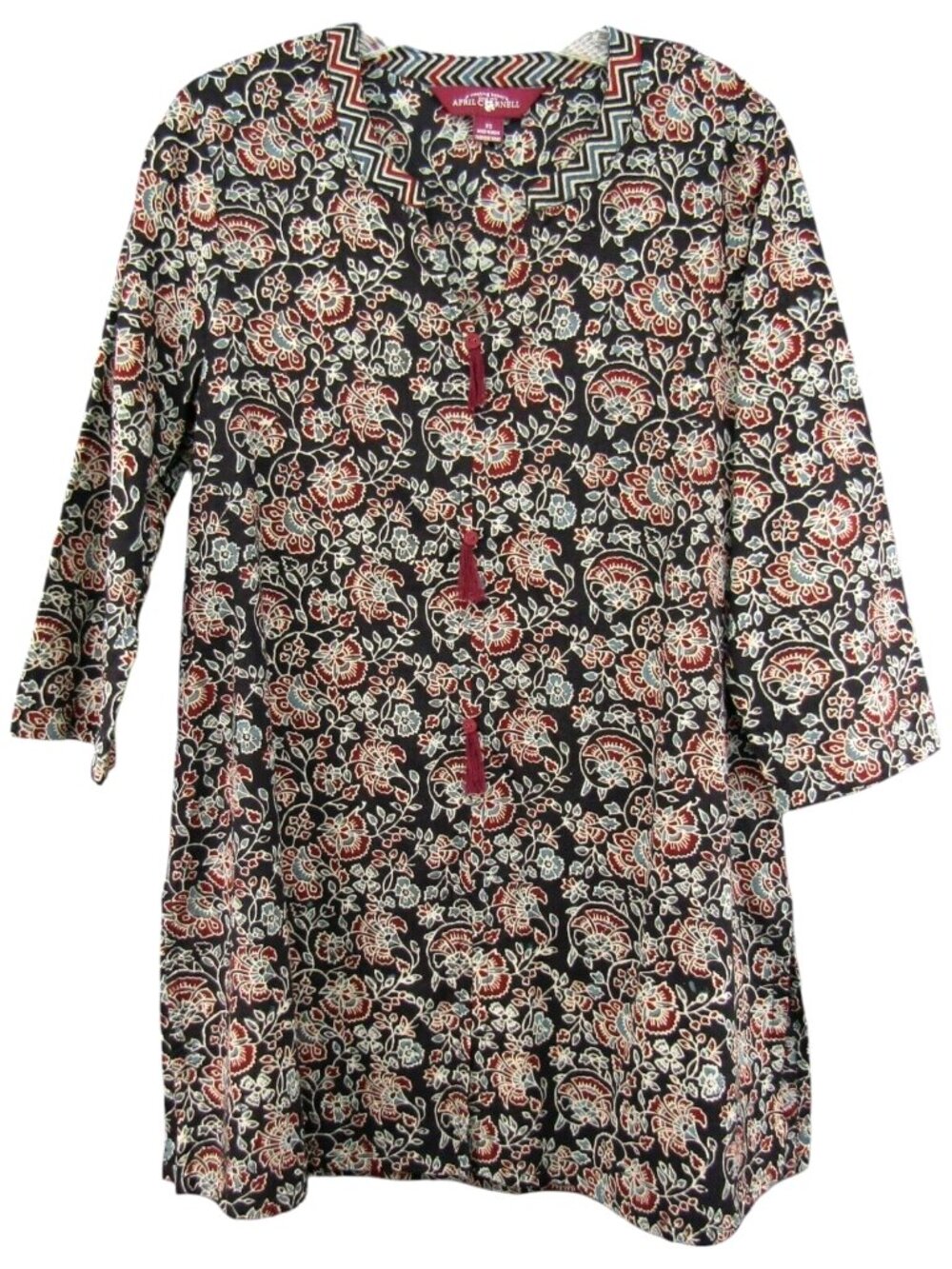 April Cornell Navy Blue Red Floral Tunic Top Womens Size XS Tassel Trim With Bag